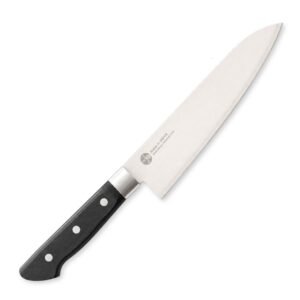 A chef's knife displayed diagonally, showing the entire knife