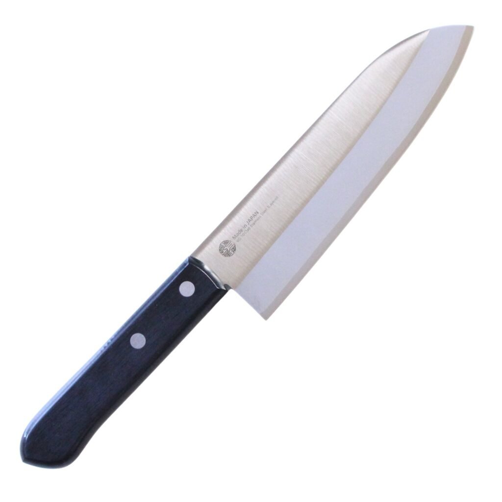An all purpose knife displayed diagonally, showing the entire knife