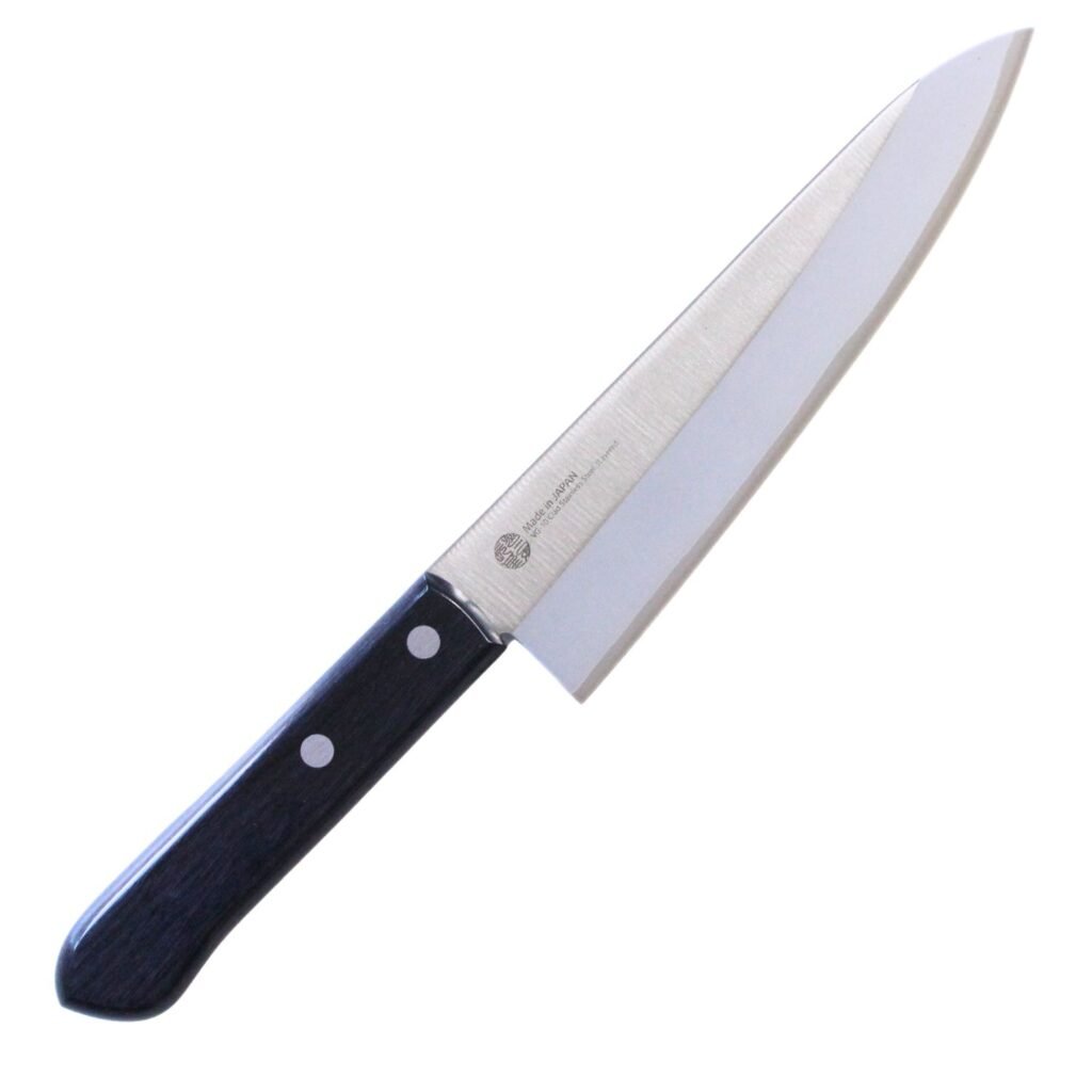 A chef's knife displayed diagonally, showing the entire knife