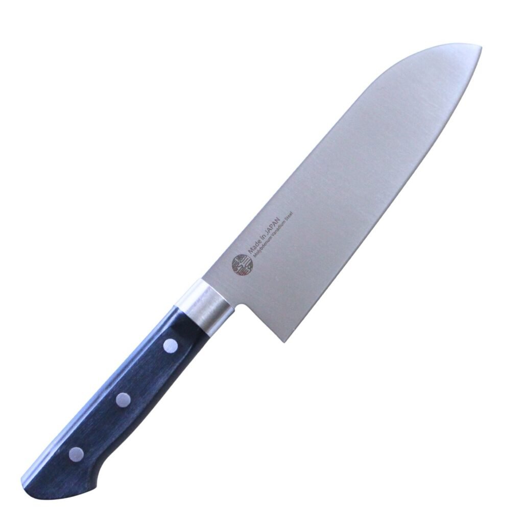 An all purpose knife displayed diagonally, showing the entire knife
