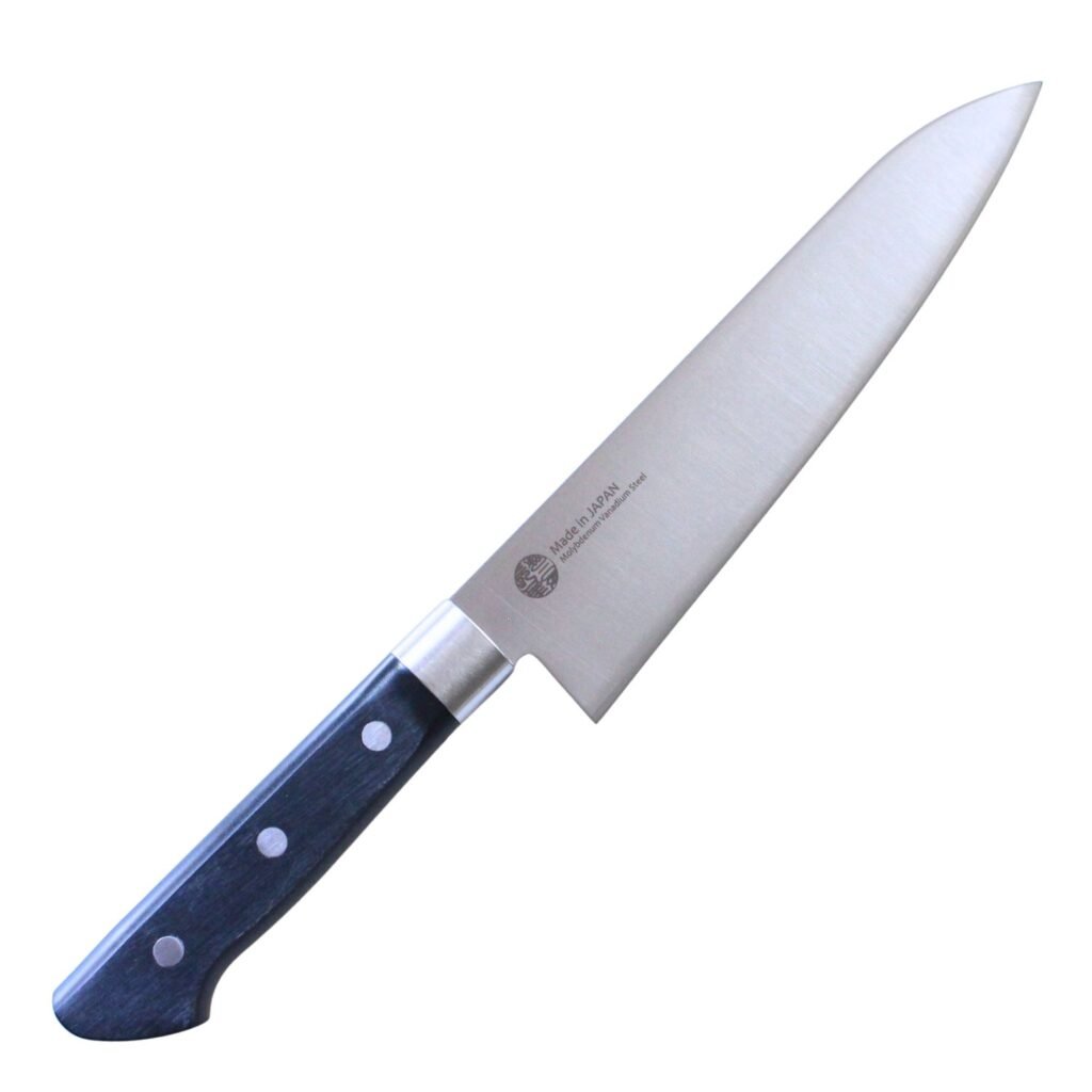 A chef's knife displayed diagonally, showing the entire knife