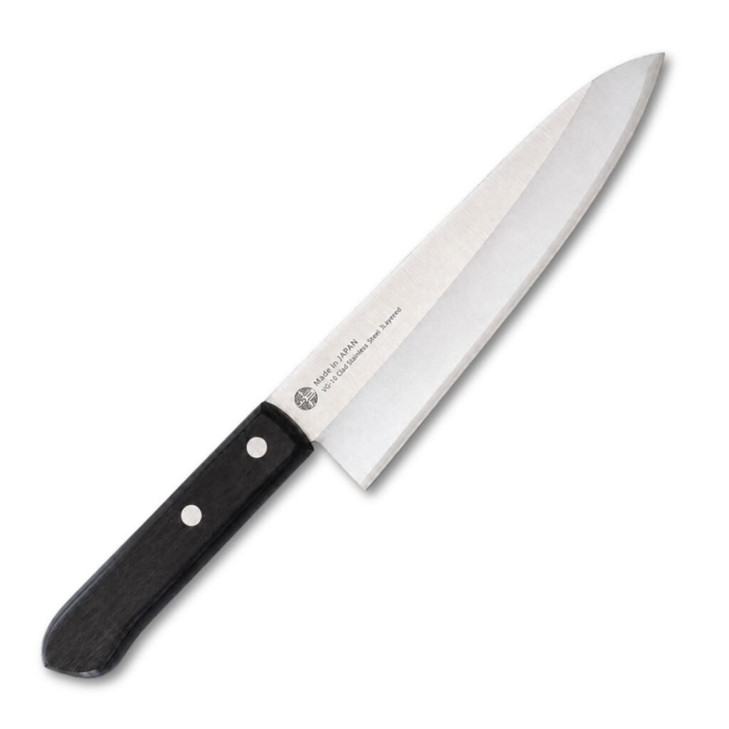 A chef's knife displayed diagonally, showing the entire knife