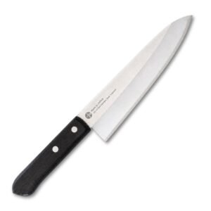 A chef's knife displayed diagonally, showing the entire knife