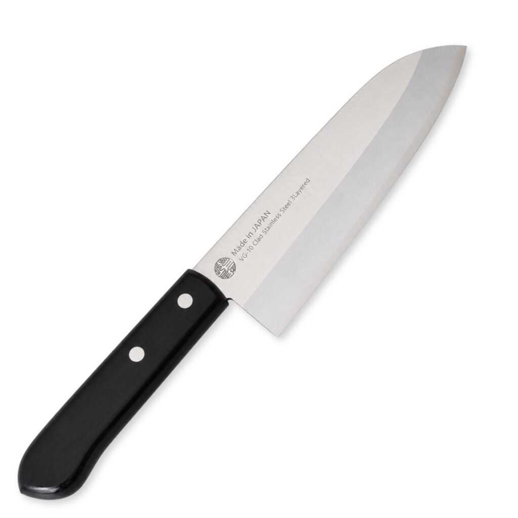 An all purpose knife displayed diagonally, showing the entire knife