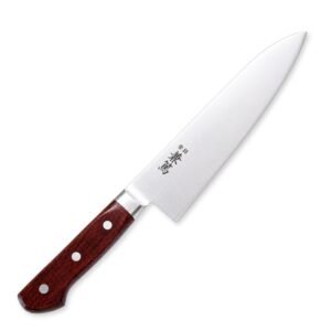 A chef's knife displayed diagonally, showing the entire knife