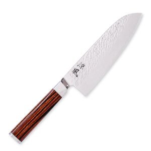 A Damascus all-purpose knife displayed diagonally, showing the entire knife