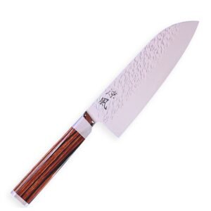 A Damascus all purpose knife displayed diagonally, showing the entire knife