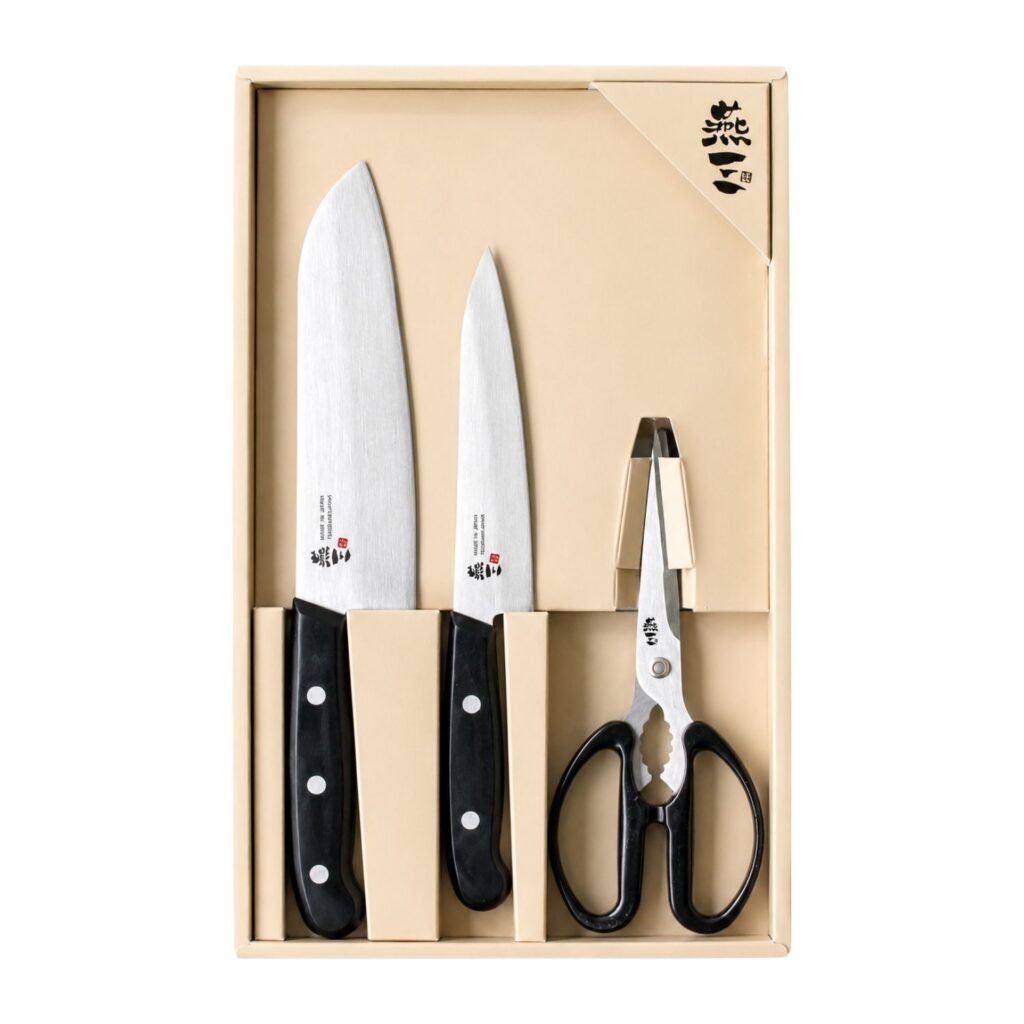two knives and scissors displays in a box