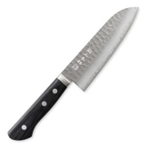 A hammered all purpose knife displayed diagonally, showing the entire knife