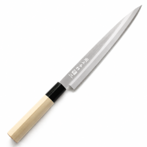 A sashimi knife displayed diagonally, showing the entire knife