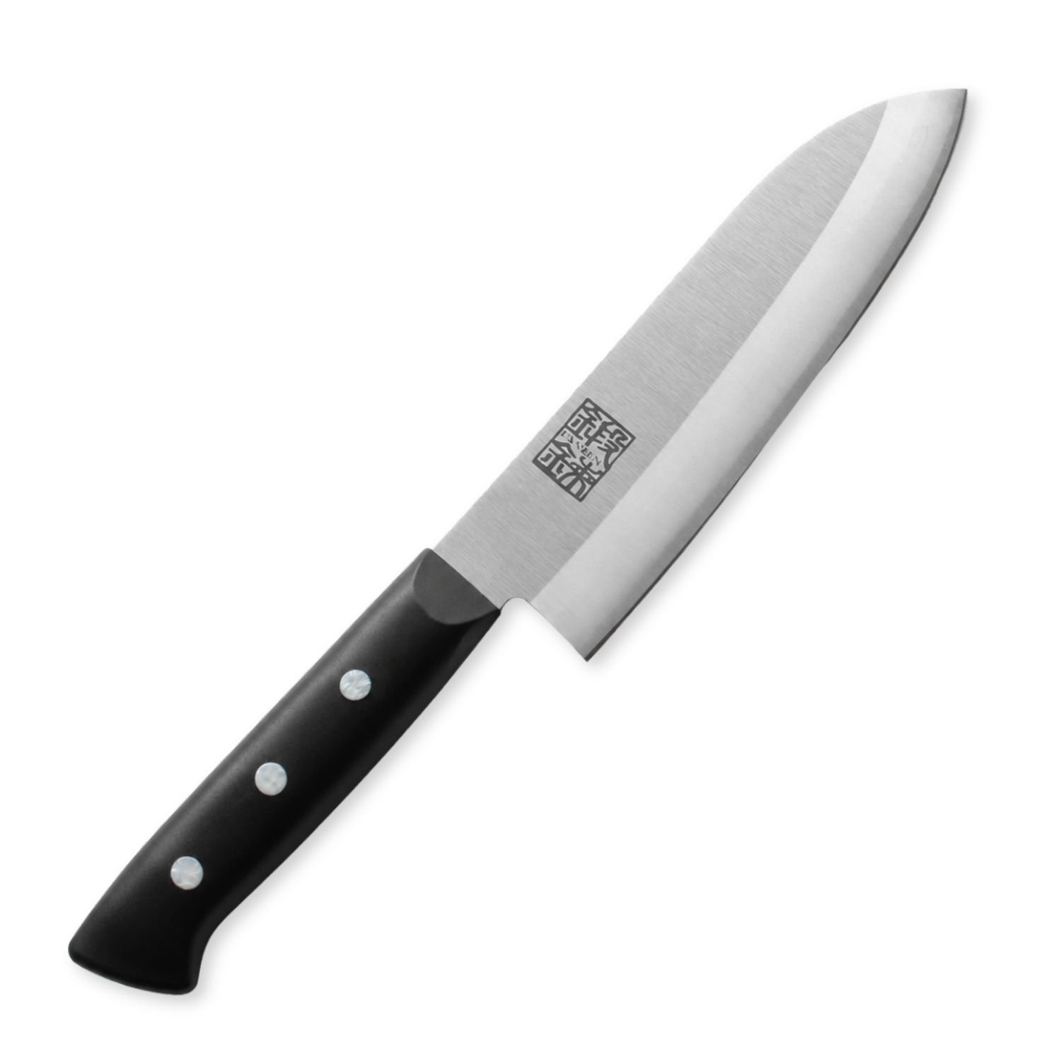 An all purpose knife displayed diagonally, showing the entire knife