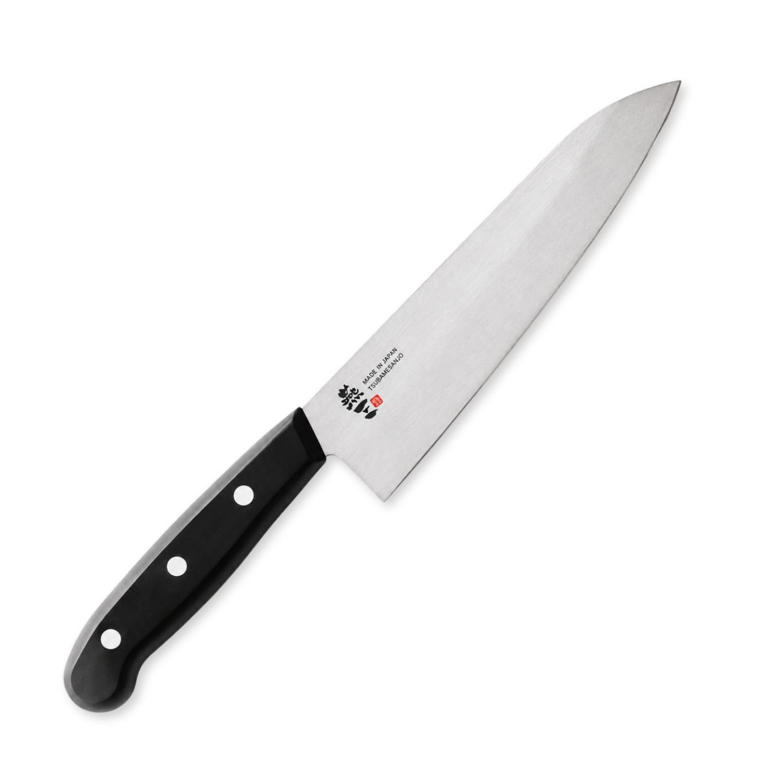 A chef's knife displayed diagonally, showing the entire knife